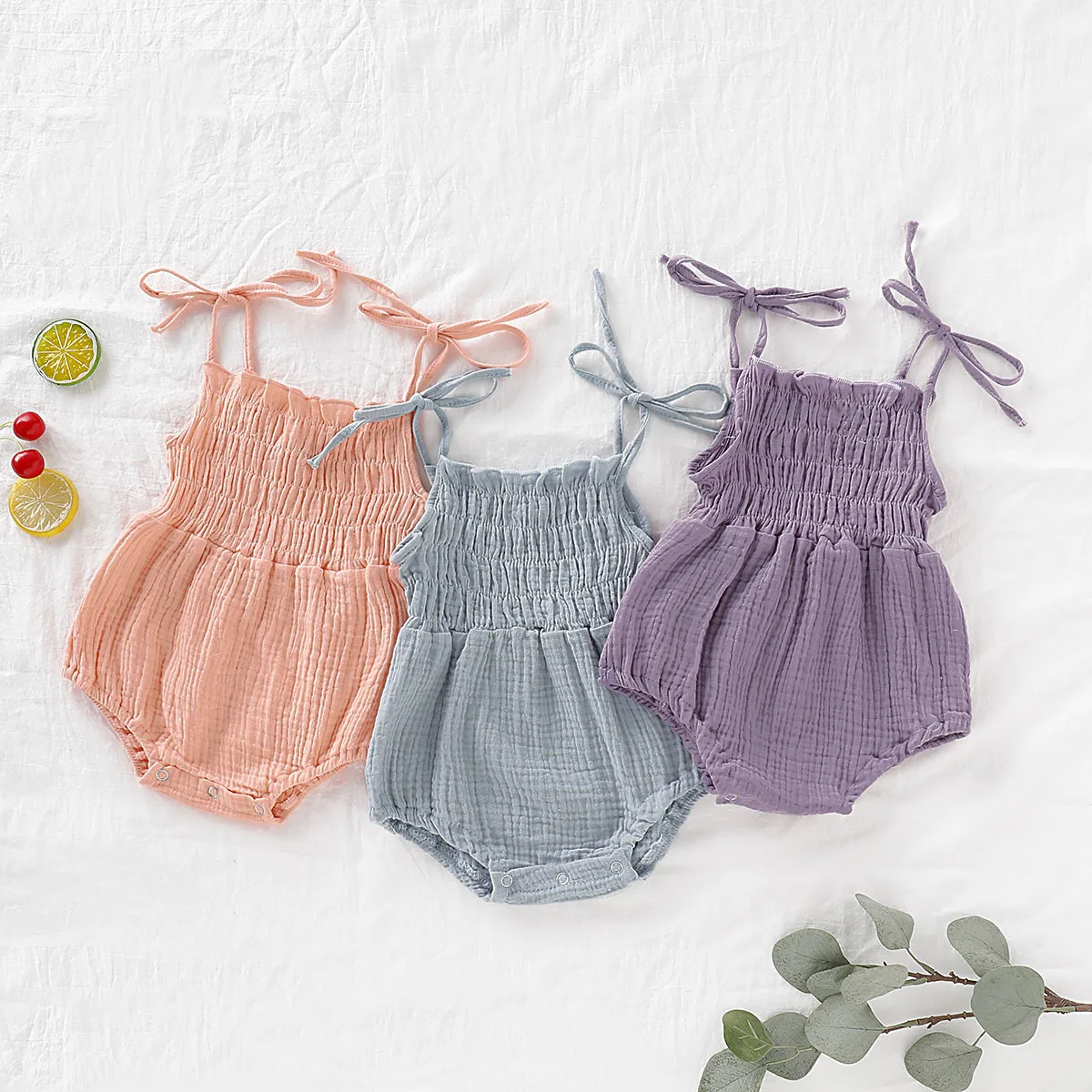 

Summer Newborn Infant Toddler Girl 100%Organic Cotton Sleeveless Tie Strap Romper Muslin Baby Clothes, Photo showed and customized color