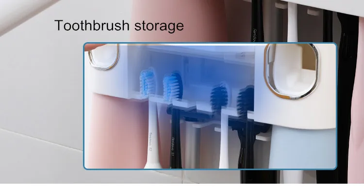 
UV Sterilization Wall Mount Toothbrush Holder Automatic Toothpaste Dispenser With Storage Rack 