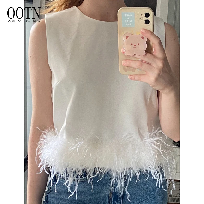 

OOTN Female 2022 Summer Clothing Women Round Neck Sleeveless Slim Tops Black Patchwork Korean Fashion Shirt Feathers Top