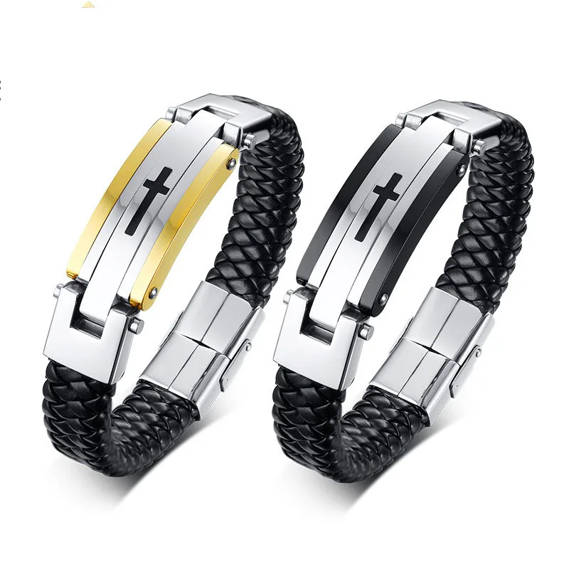 

Wholesale Charm Stainless Steel Cross Leather Mens Bracelet, Black , gold, silver