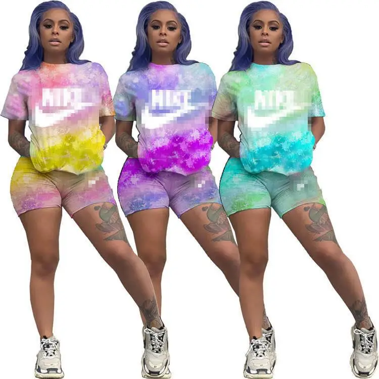 

Wholesale brandPrint Tie Dye Short Sleeve T-Shirt 2 Two Piece Jogger Set Summer Women Clothing 2021, Multi