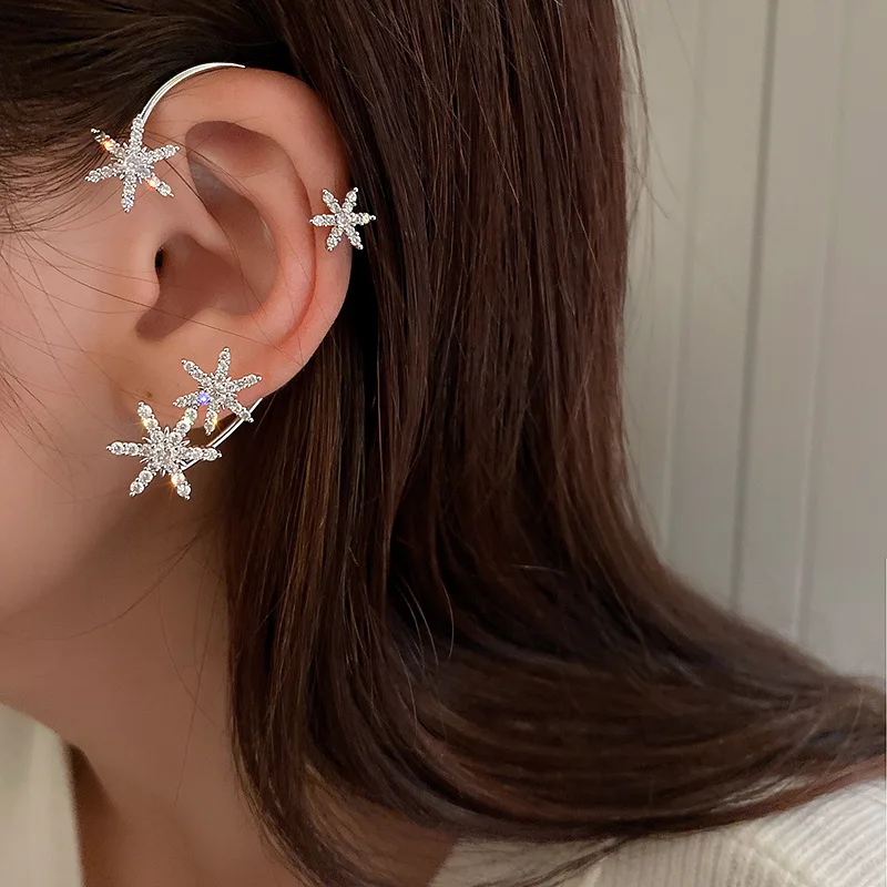 

Shining Cubic Zircon Star Shaped Ear Cuff Earrings Gold Plated Diamond Snowflake Clip On Non-Piercing Earrings, Picture shows/custom color