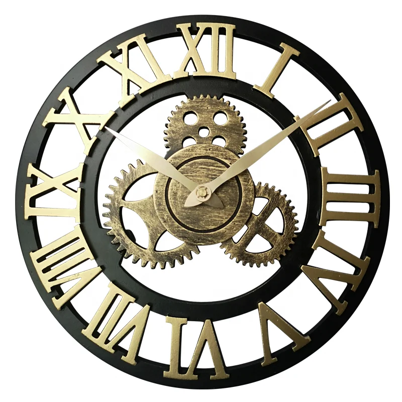 

Handmade All Normal Size Vintage European Style Black and Gold Silent Large Industrial Gear Creative Rustic 3d Wooden Wall Clock, Antique gold