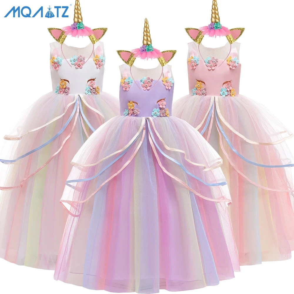 

MQATZ Hot Sale Rainbow Unicorn Dresses Children Flower Girl Party Dress With Headband, White,pink,purple
