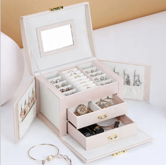 

Mirrored Jewelry Box Organizers for Girls Women Teens Vintage Gift Case -PU Leather Jewelries Necklaces Earrings Rings Storage, As picture