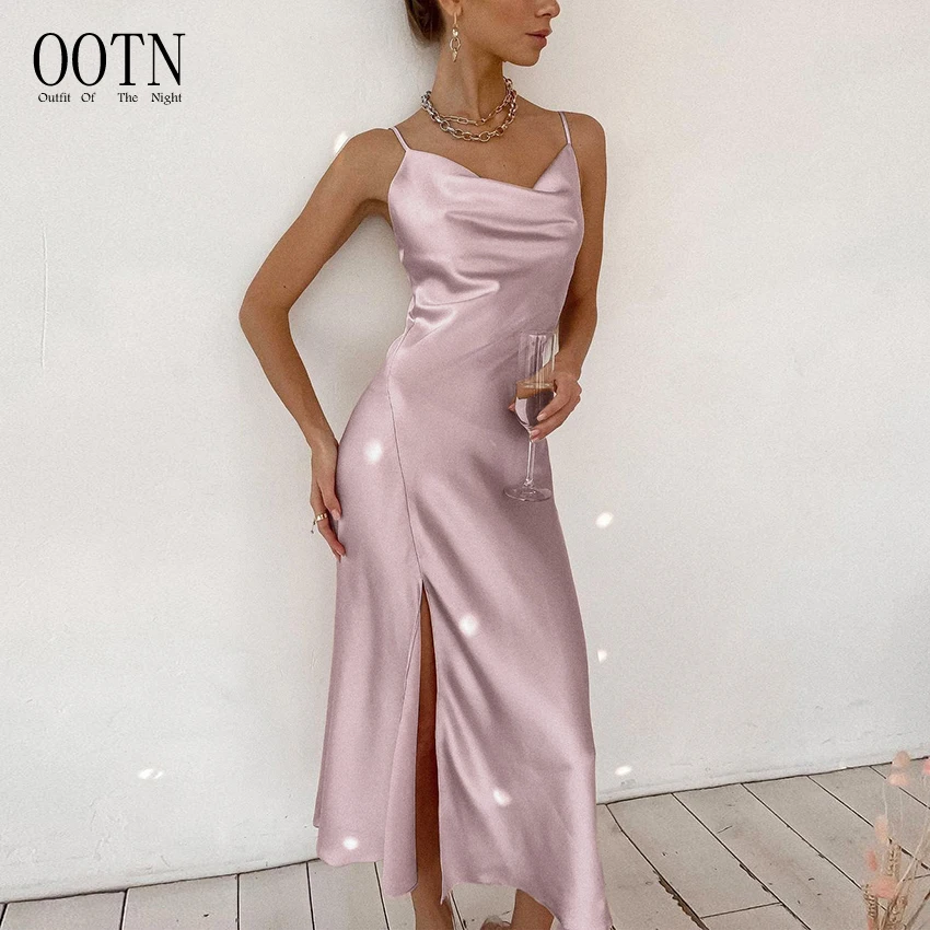 

OOTN Woman Spring Backless Split Vestido Pink Sexy Satin Asymmetrical Party Dress Elegant Slim Spaghetti Strap A-Line Dresses