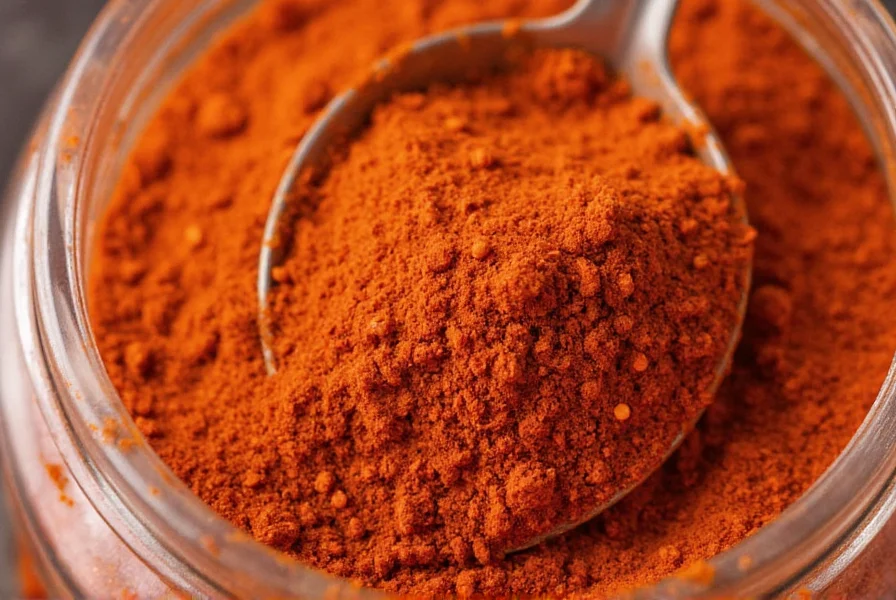 Ghost pepper powder in spice jar with measuring spoon