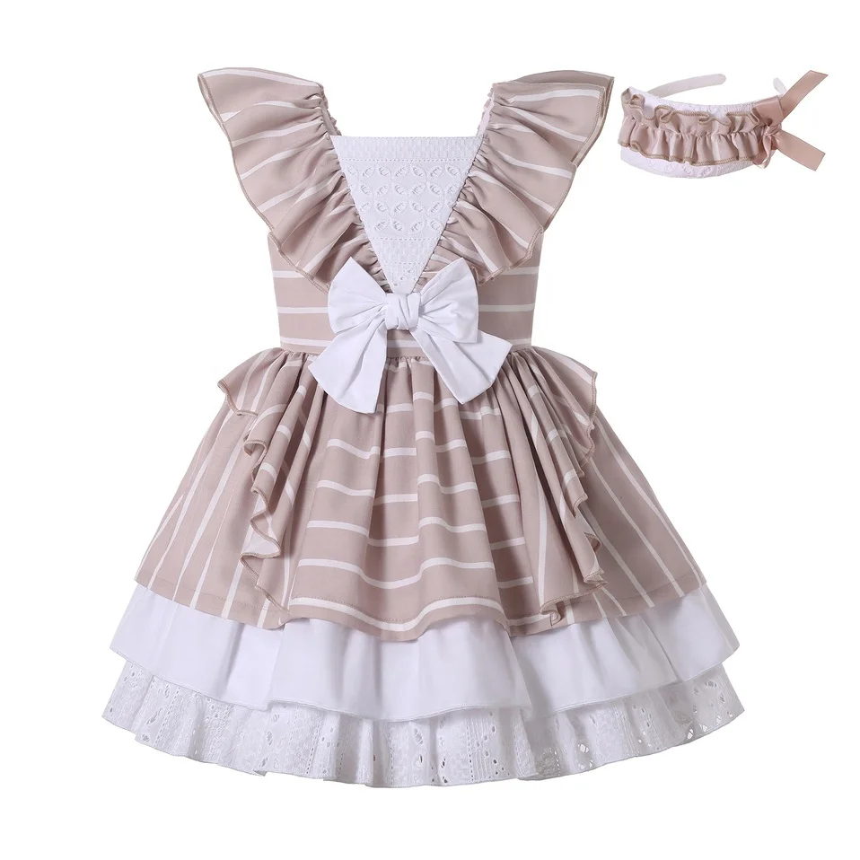 

Pettigirl 2021 New Style Khaki Casual Dress for Girls Ruffle Boutique Outfits Girl Striped Dress