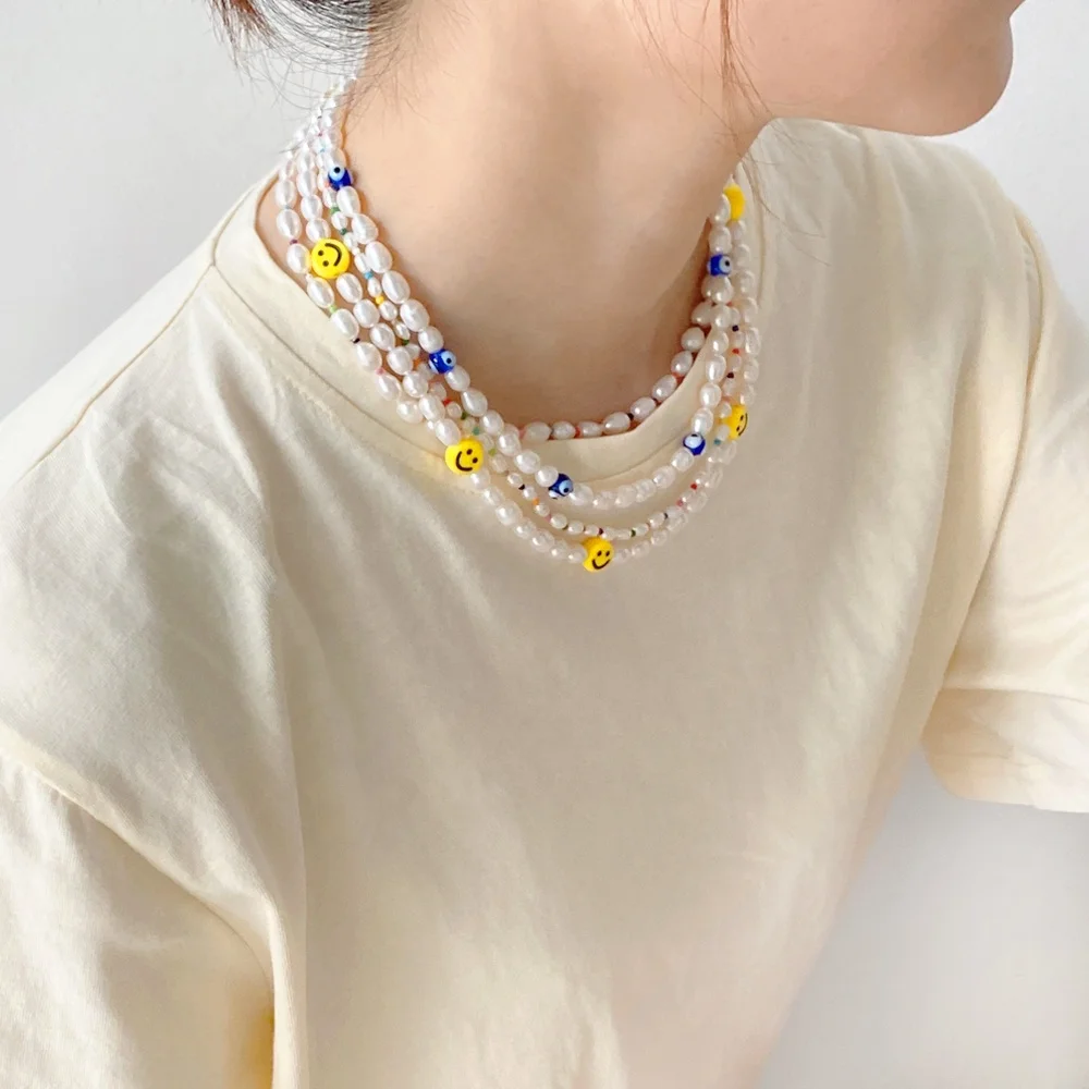 

N0419 bead freshwater pearl necklace with acrylic smiley face handmade sweet smiling face bead choker necklaces women jewelry