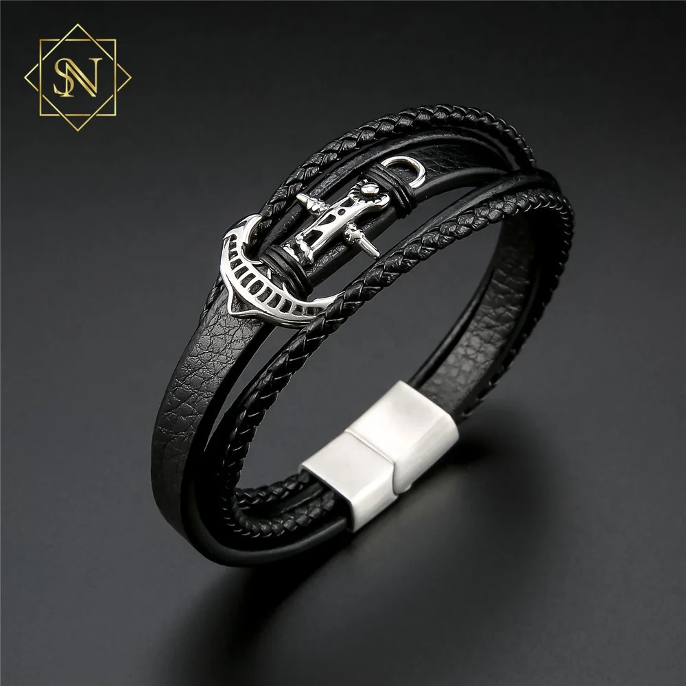 

Amazon's hot cross-border source new braided titanium steel anchor multi-loop men's leather bracelet with personalized design, As the pictures