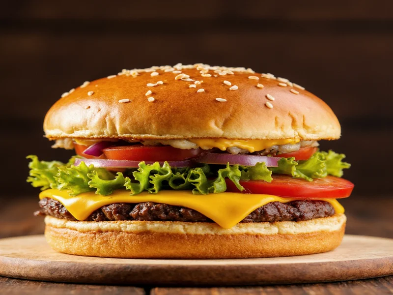 Finished homemade hamburger with melted cheese and fresh toppings