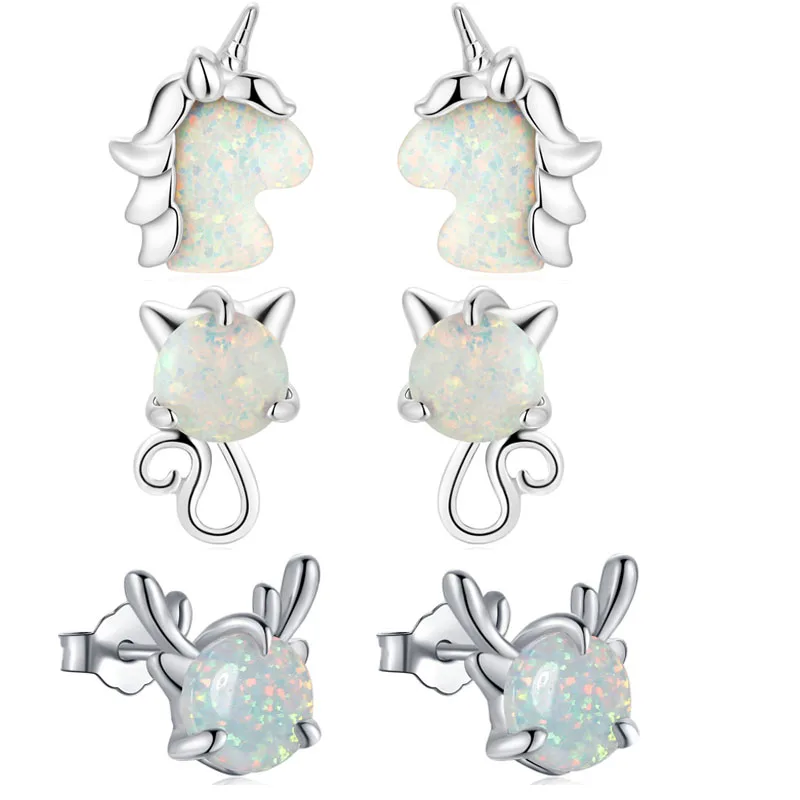 

Qings Wholesale Women Opal Animal Cat Unicorn elk Fashion Designer Inspired Stud Earrings, Silver