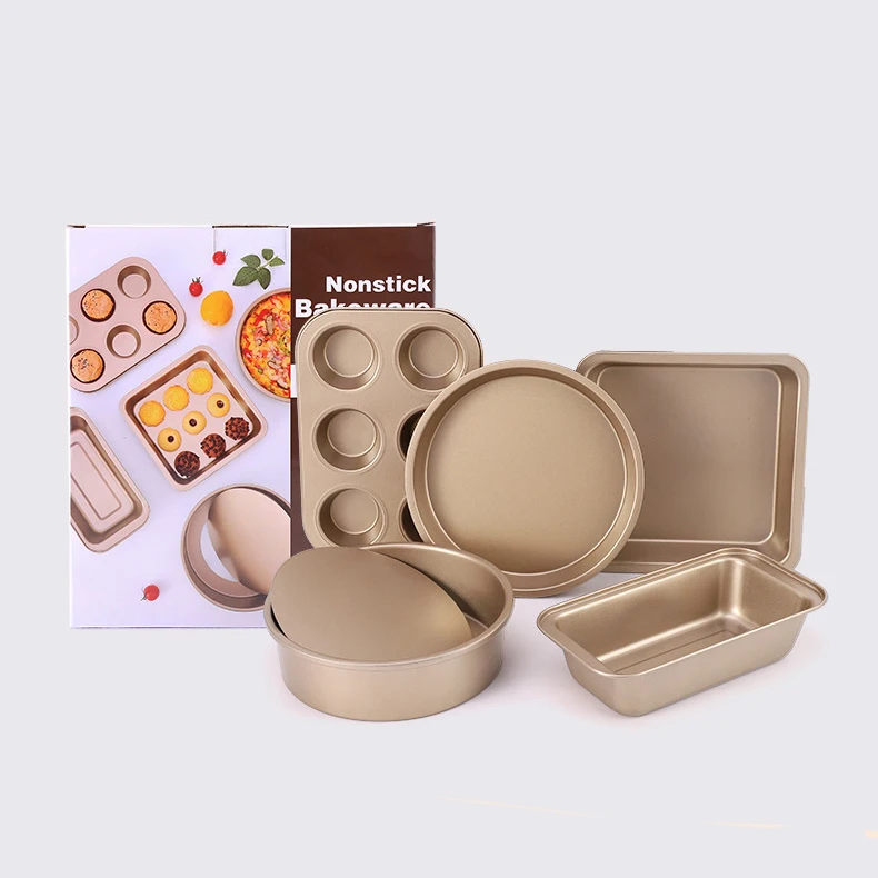 

5 PCS Set Non-stick Bakeware Baking Dishes Carbon Steel Cake Baking Pan for Cake Nonstick Oven English Color Box Package, As picture