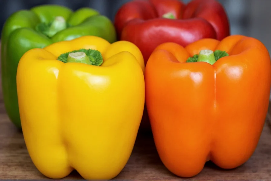 Close-up view of rainbow bell peppers showing green, yellow, orange, and red varieties arranged together on wooden table