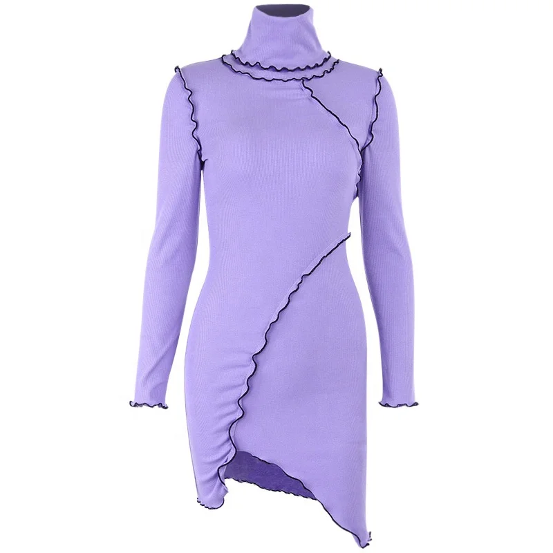 

B24030A New purple knitted turtleneck sexy package hip dress