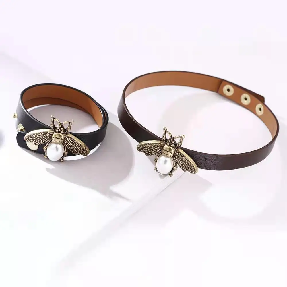 

Vintage Gold Bee Sign Charm Friendship Leather Bracelet Bangle Necklace Set