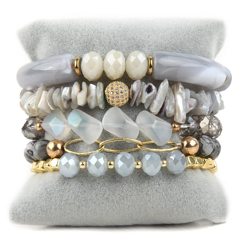 

Fashion 5pcs Jewelry Crystal Glass Gravel Natural Stone Pearl Acrylic Pipe Chip Shell Bracelet Stack Bracelet Set