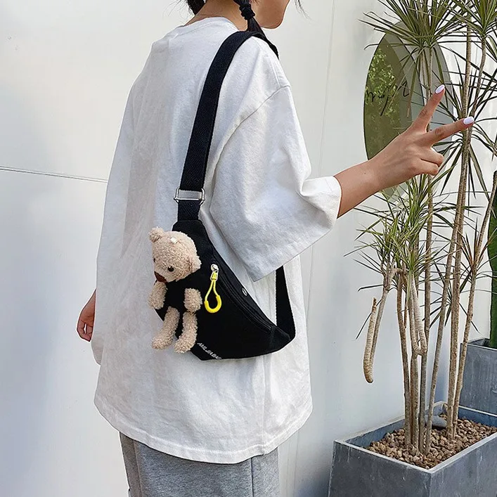 

Unisex Cartoon Bear Kids Canvas Waist Bag Student Zipper Crossbody Bag with Nice Stitching