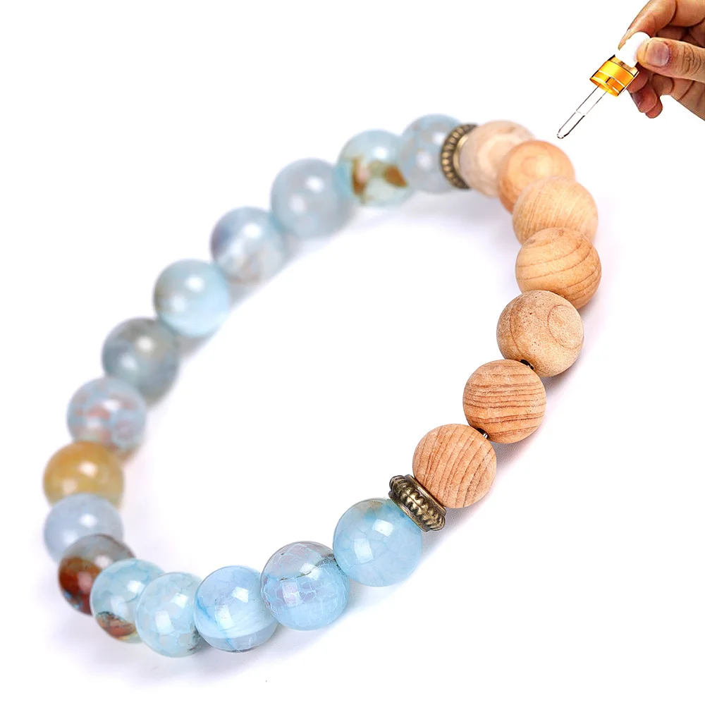 

8mm Light Blue Cracked Agate and Unpolished Wooden Beads Lava Stone Diffuser Bracelet Wholesales