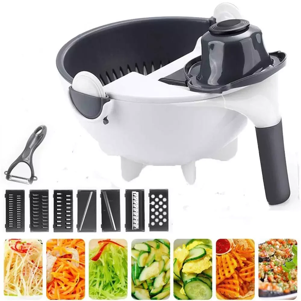 

9 in 1 Multifunctional Vegetable Cutter with Drain Basket Rotate Vegetable Slicer Portable Chopper Grater, Gray+white
