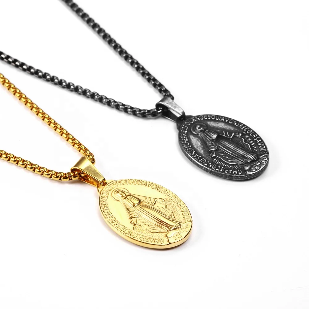 

Religious Jewelry Vintage Stainless Steel Virgin Mary Gold Pendant Coin Necklace