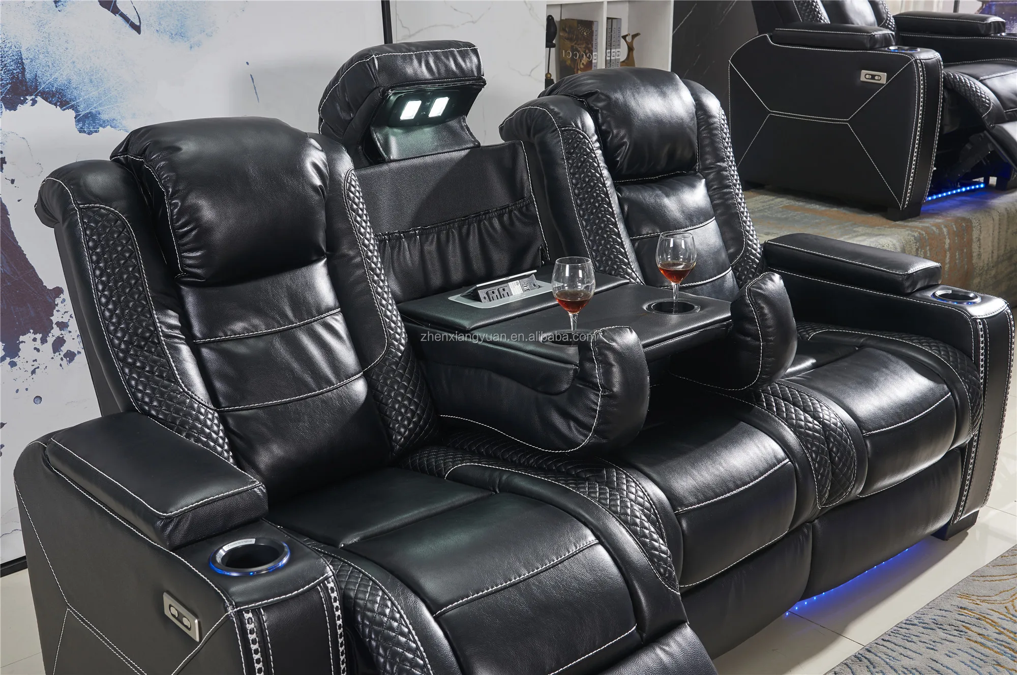 Modern Luxury  Home Theater part time Reclining sofa with top leather 3seater with LED and reading light
