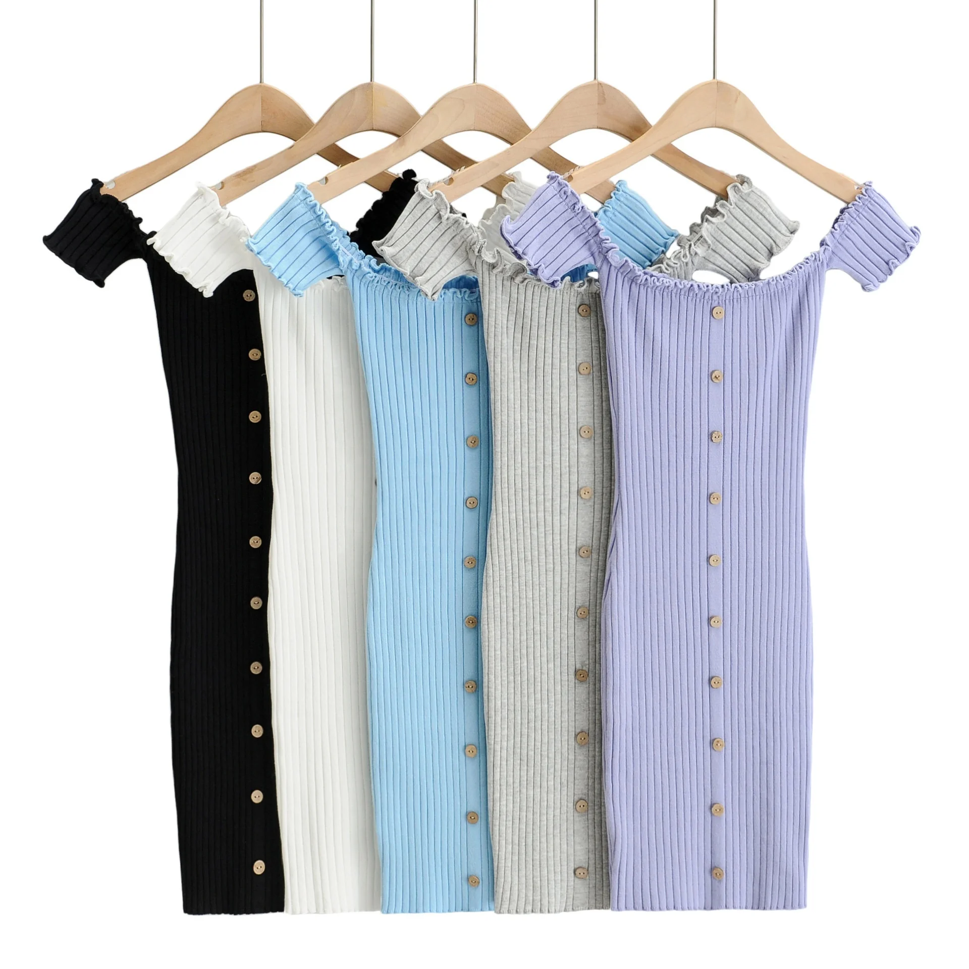 

B64061A Sexy slim square collar wooden fashion show thin short sleeve knitted dress, White/purple/gray/black/blue
