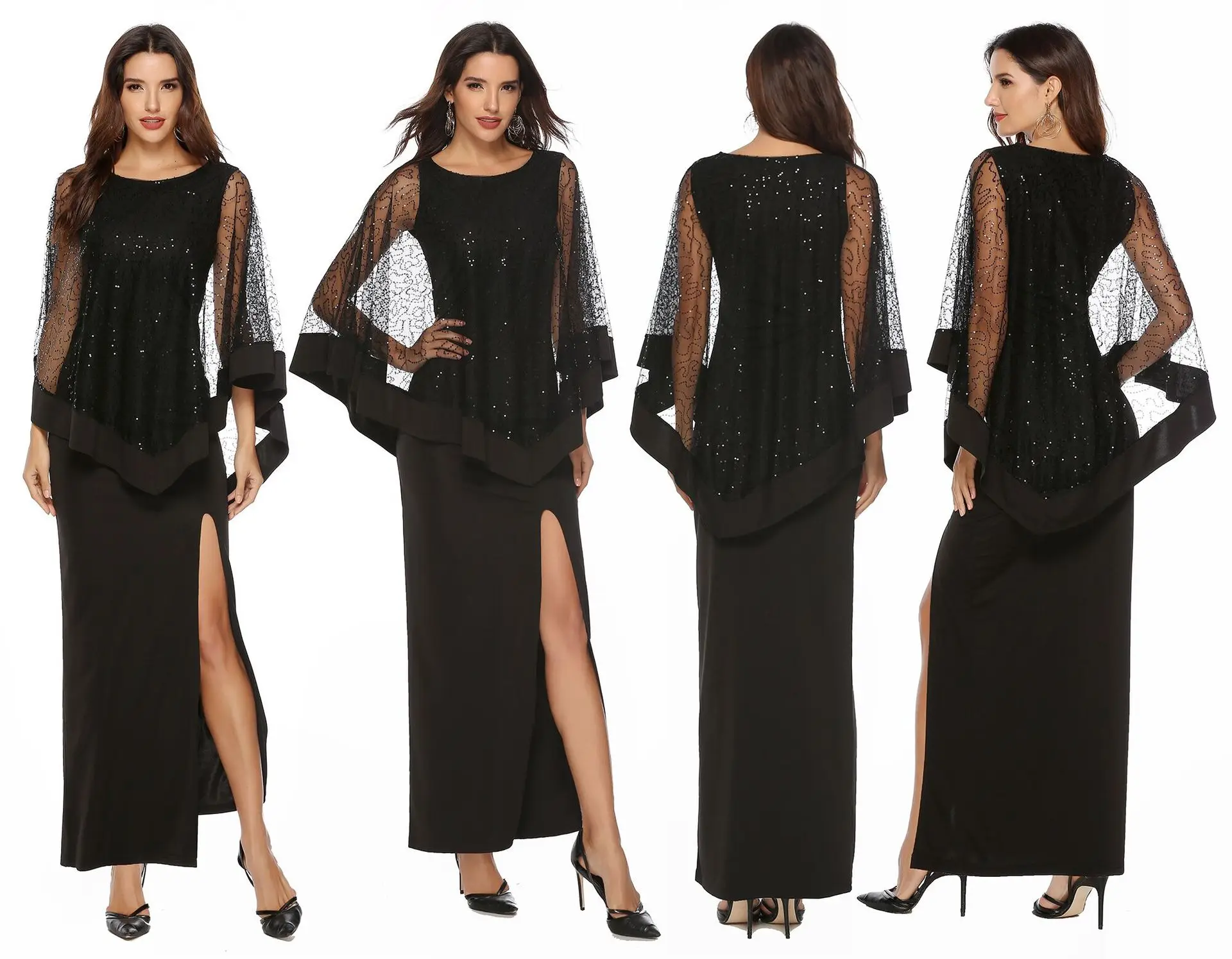 

Woman Clothing Sequin Elegant Dress Crew Neck Sexy Slit Maxi Dress Lace Evening Dresses, Shown