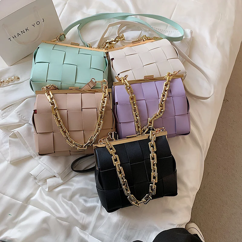 

2021 hot selling solid color pu leather ladies handbags thick chain shoulder crossbody woven flap bags for women, 5colors