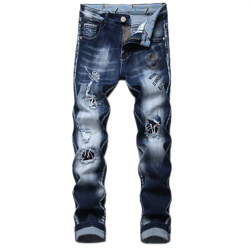 

Custom New Men Fashion Slim Fit Elastic Sticker Letter Printed Men's Jeans