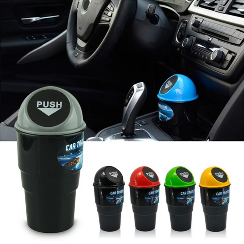 

Wholesale Custom logo Mini Sustainable Car Garbage Bin Cup Holder Plastic Smart Trash Can Waste Bins with lid, Black,yellow,blue,gray,red,green