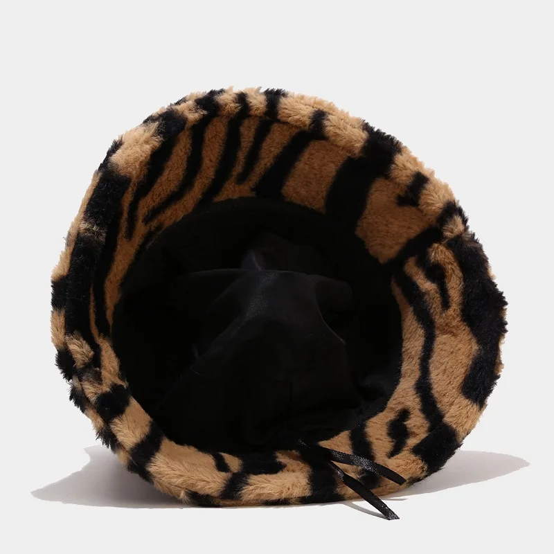 2021 trendy winter zebra pattern bucket hat korea style outdoor all-match Faux Fur warm hat for woman