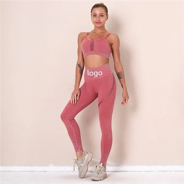 

Summer hot selling custom logo washing sleeveless crop top high waist running lift hips hole legging seamless yoga fitness sets
