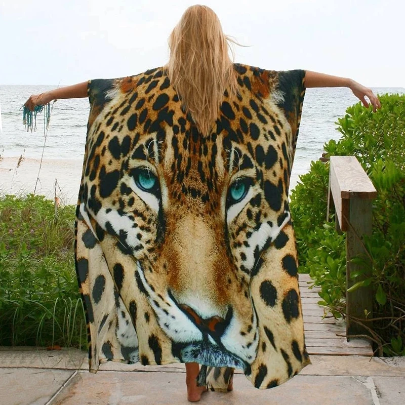 

Amazing Tiger Print Stretchy Long Kimono Cardigan Beach Bikini Cover Up With Waist Band, Same as photo