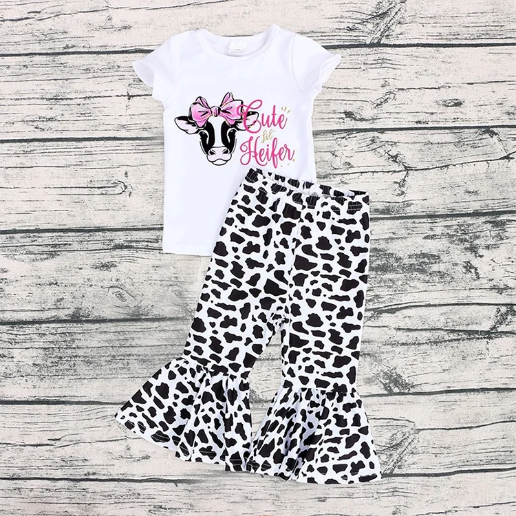 

kid clothing spring toddler girl outfit children boutique clothing newborn baby girl spring clothes top and bell bottom pant cow, Same as picture
