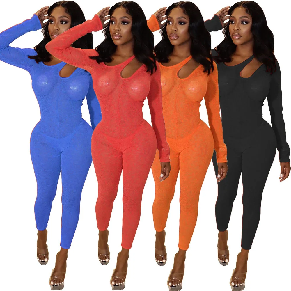 

2021 New fashion women sexy mesh see through design long sleeve one piece fall jumpsuit