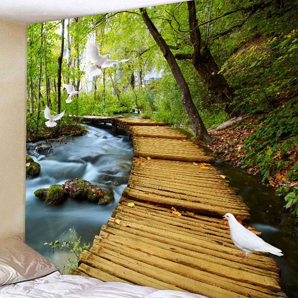 

Forest Pigeon Boardwalk outside the window Tapestry Wall Hanging Tapestries Bedspread Home Room Decor, Customized color