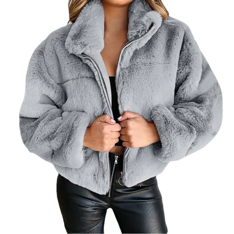 

Winter Rabbit Fur Solid Short Jacket Faux Fur Zipper Cardigan Fashion Clothes Women Tops Loose Thick Plush Warm Plus Size Coat, Khaki, pink, yellow, gray, black, blue