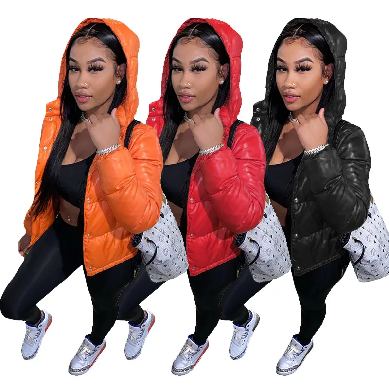 

2021 Fashionable Winter Cropped Bubble Coat Hooded Plus size Puffer Clothes Solid Casual Shiny Bomber Jacket Coats for women