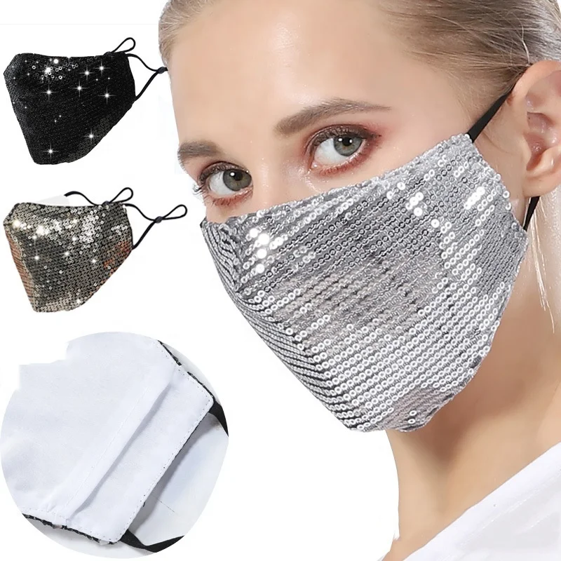 

Wholesale Sequin Women Face Bling maskes Adjustable Earloop Washable Pure Cotton Maskes Fashion Reusable Sequin Face Maskes, 5 colors