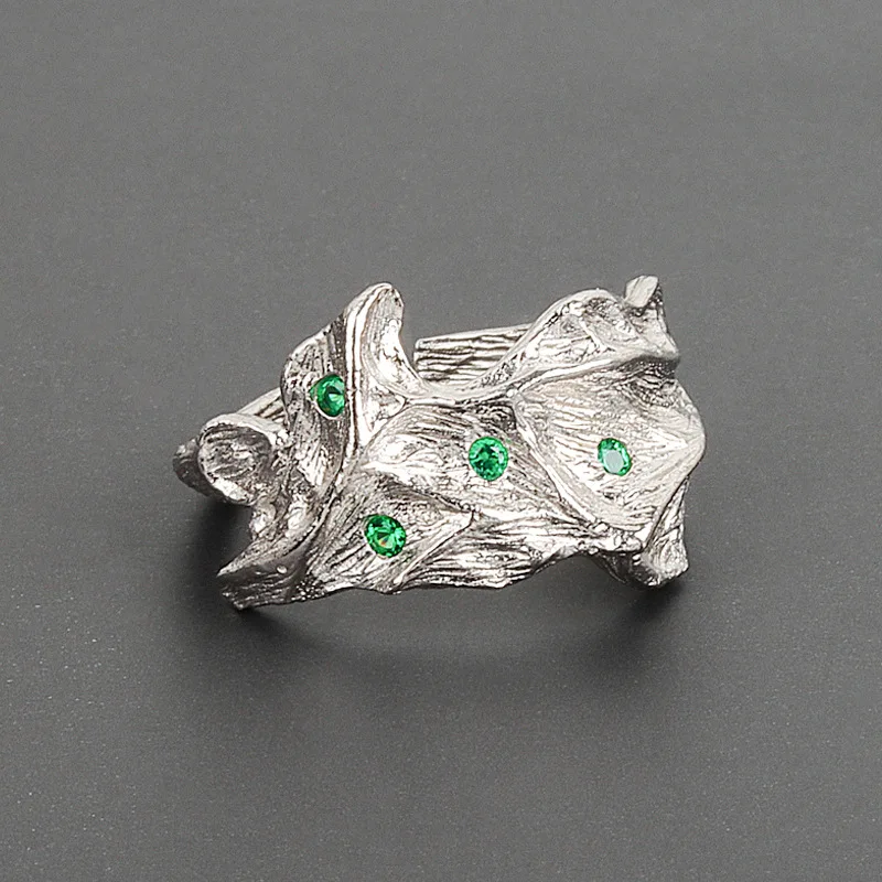 

Retro Vintage Design Sterling Silver Plated Green Diamond Adjustable Rings Irregular Emerald Open Rings For Party