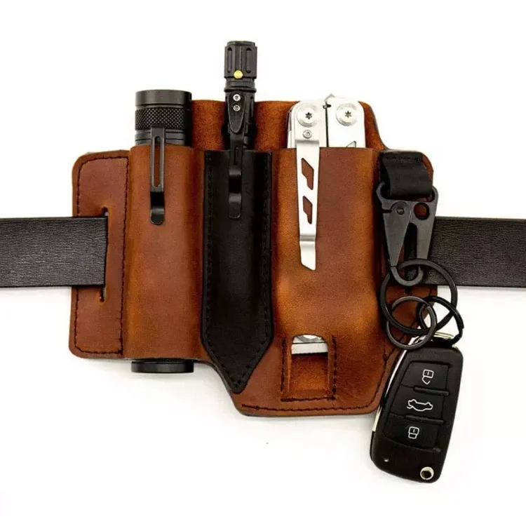 

Leather Multitools Organizer Belt Sheath Holster Outdoor Camping Tactical Flashlight Case EDC Pocket Tools Pouch with Key Holder