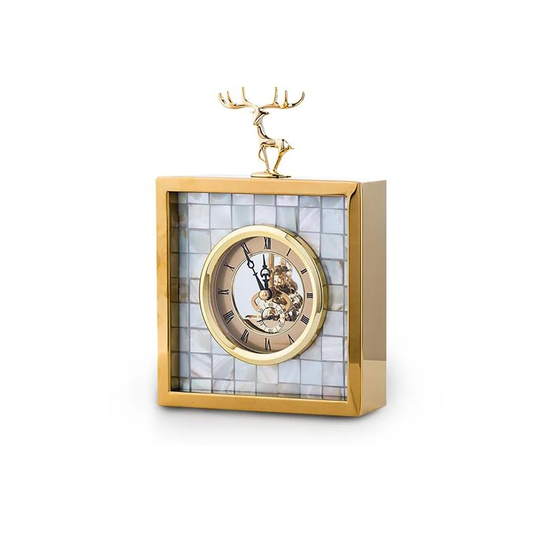 

Mother of pearl Timer Luxury tabletop clocks with gold reindeer home decor stone crafts china supplier christimas gift