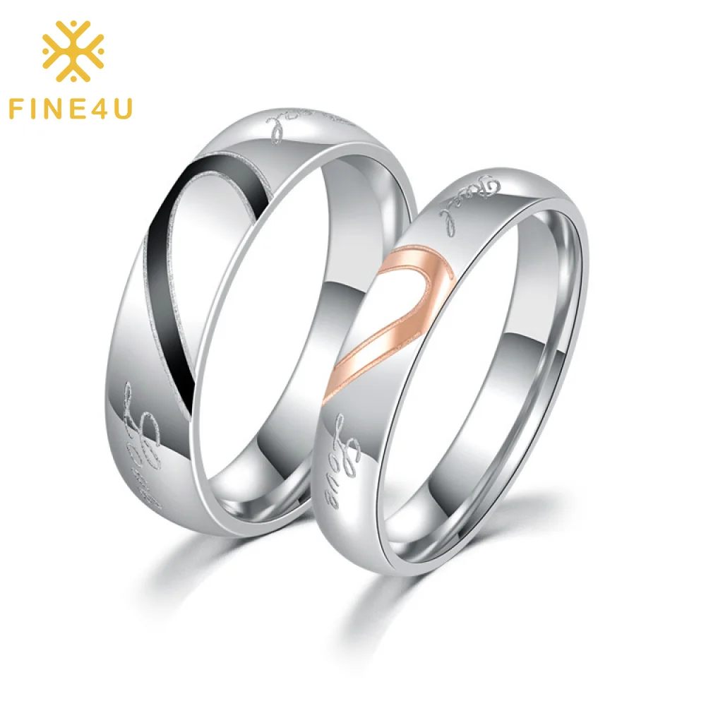 

Engagement Wedding Fashion Stainless Steel Jewelry Half Heart Love Matching Ring For Couples