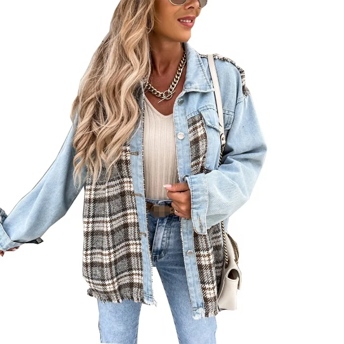 

Hot Sale Fashion Lady Color Block Shirt Jacket Women Plaid Denim Jacket, Accept customized color