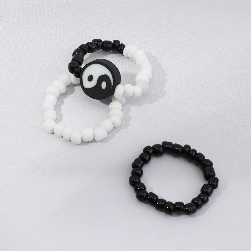

Vintage 90s Aesthetic Men Women Girls Charms Rings Jewelry Gifts Goth Black White Eight Trigrams Beads Rings