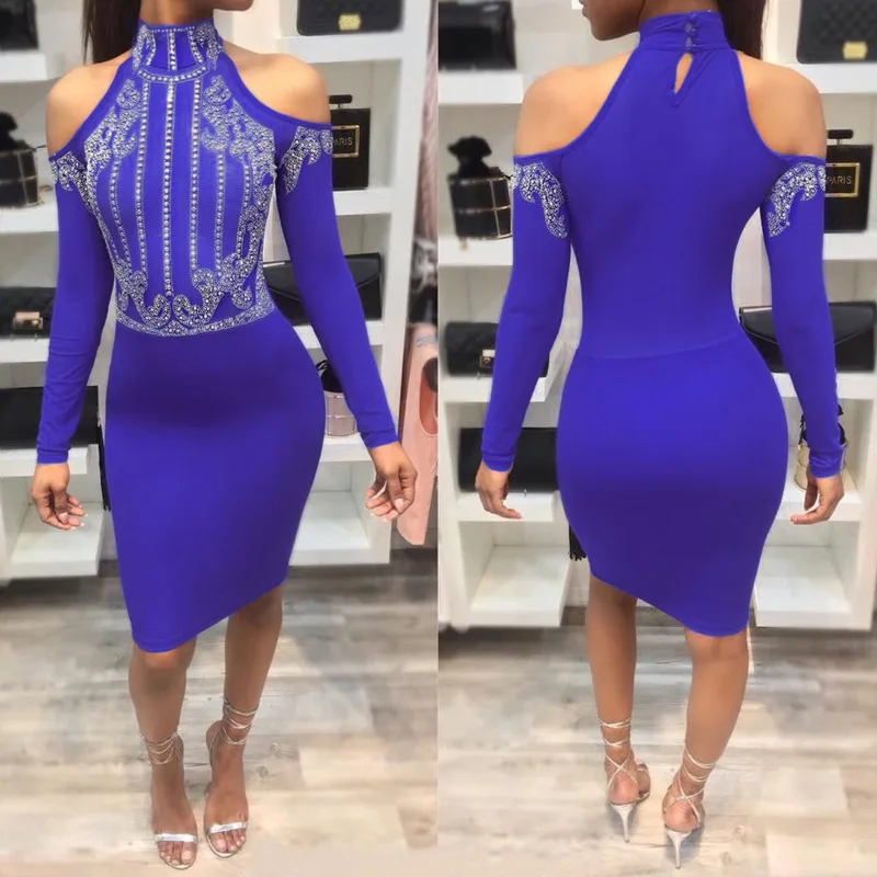 

WW-0826 Strapless backless turtleneck dress hot drilling geometric patterns backless off shoulder turtleneck dress, Customized color