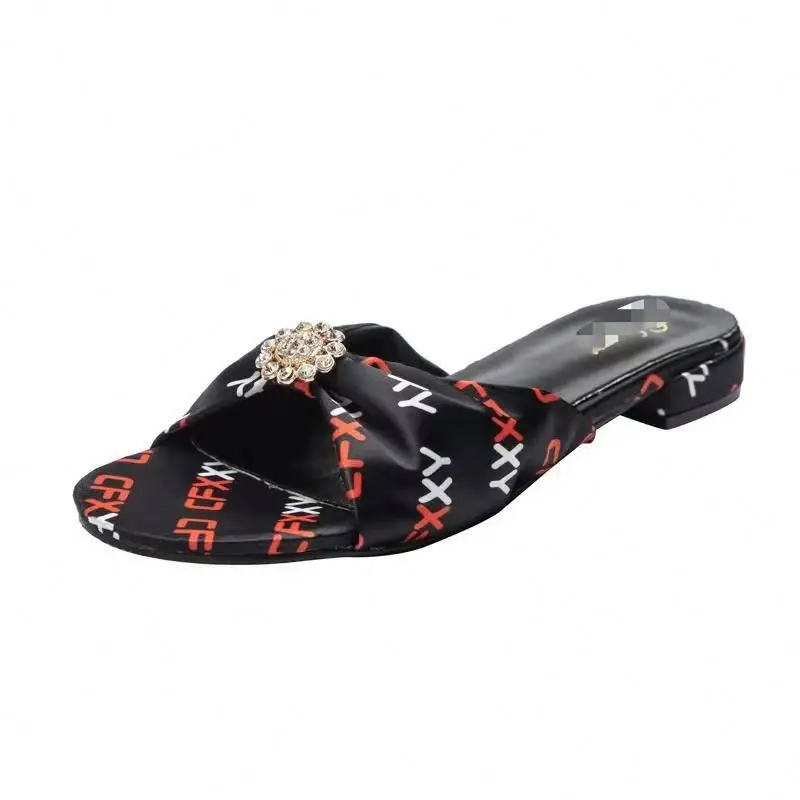 

2021 Europe & American fashion printing high quality rhinestone women outdoor comfortable sandals, Black, white, apricot