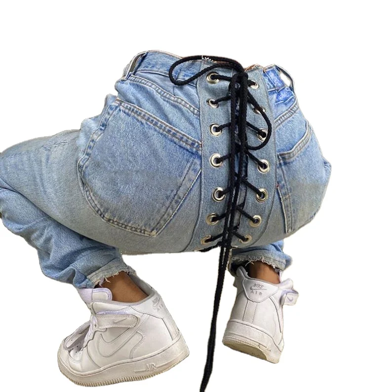 

LZX0148 2020 Autumn Jeans Women Fashion Lace Up Plus Size Pencil Pants New Slim Blue Denim Trousers Streetwear High Waist Jeans, Shiny