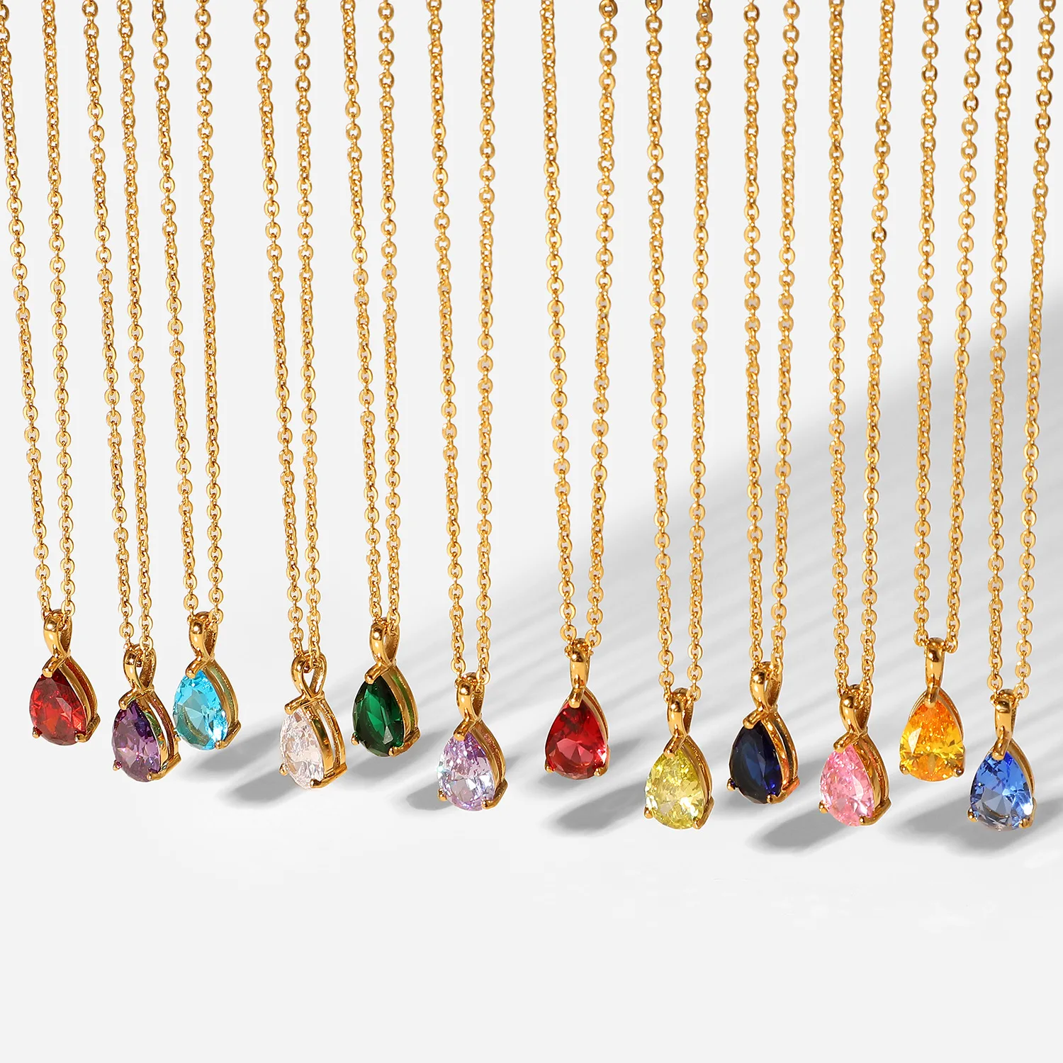 

Top selling 18K gold plated tarnish free 12 birthstone month birthday colorful zircon drop stainless steel necklace sets, Optional as picture,or customized